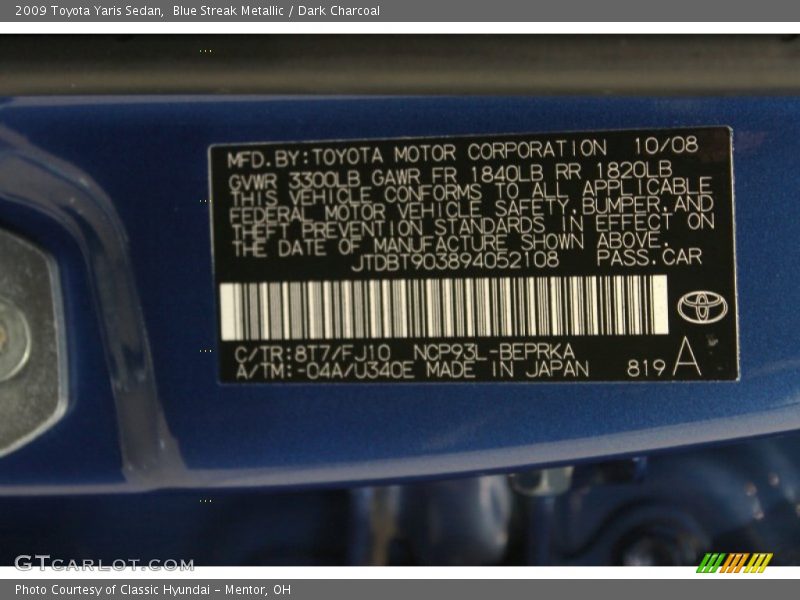 2009 Yaris Sedan Blue Streak Metallic Color Code 8T7
