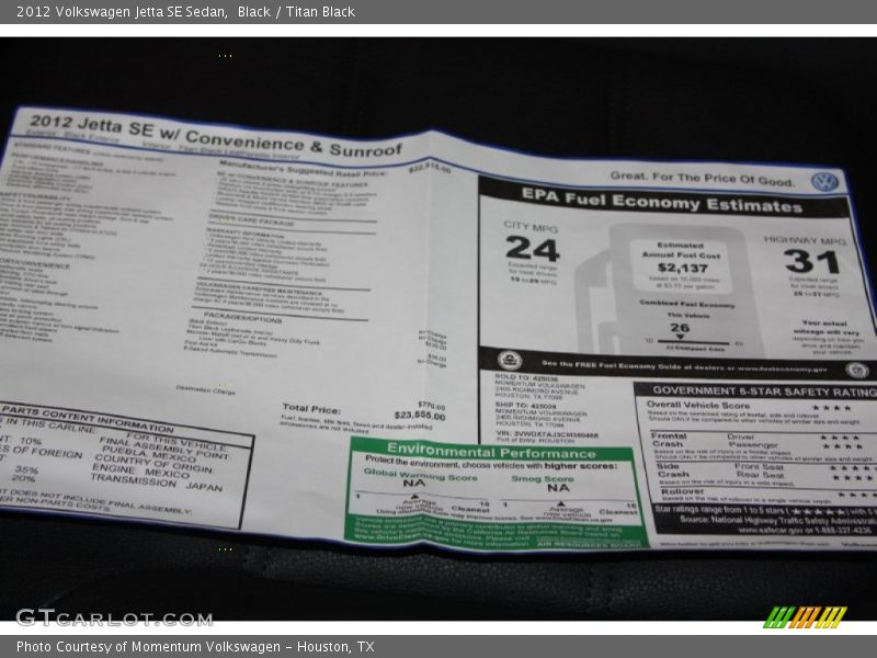 Black / Titan Black 2012 Volkswagen Jetta SE Sedan