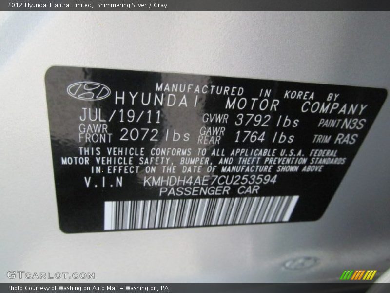 Shimmering Silver / Gray 2012 Hyundai Elantra Limited