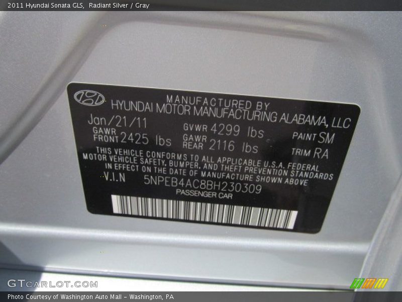 Radiant Silver / Gray 2011 Hyundai Sonata GLS