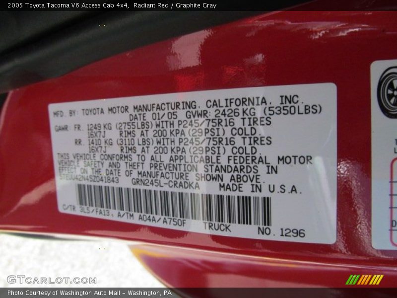 Radiant Red / Graphite Gray 2005 Toyota Tacoma V6 Access Cab 4x4