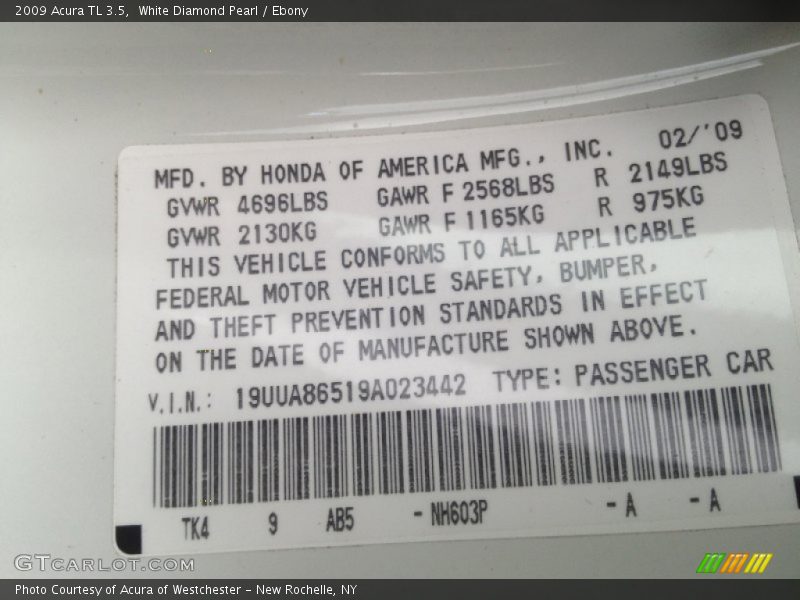 White Diamond Pearl / Ebony 2009 Acura TL 3.5