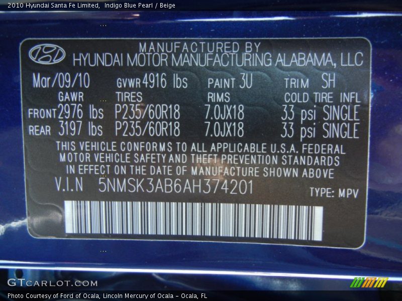 2010 Santa Fe Limited Indigo Blue Pearl Color Code 3U