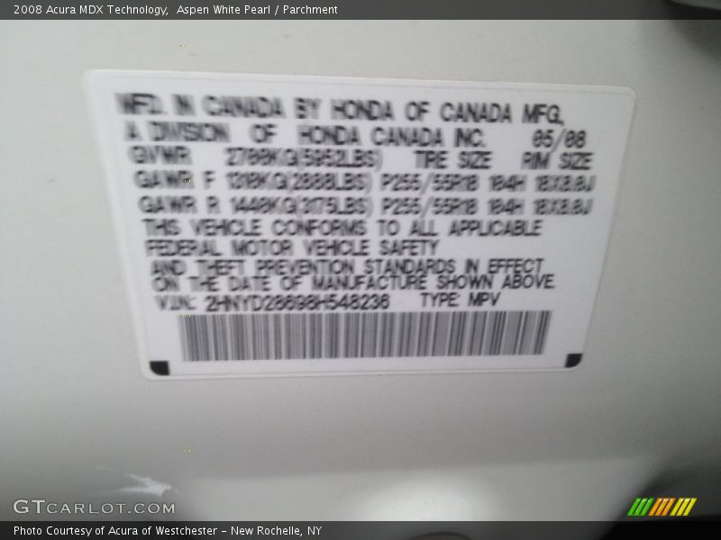 Aspen White Pearl / Parchment 2008 Acura MDX Technology