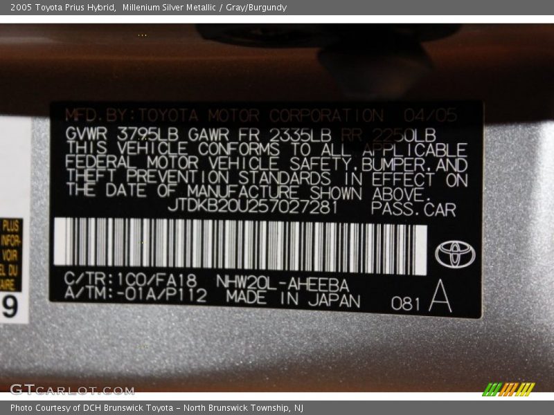 Millenium Silver Metallic / Gray/Burgundy 2005 Toyota Prius Hybrid