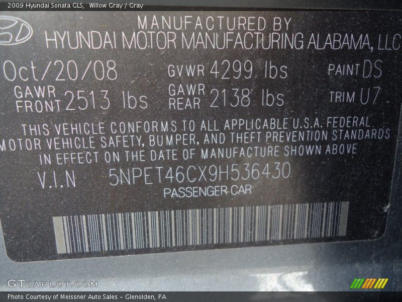 Willow Gray / Gray 2009 Hyundai Sonata GLS