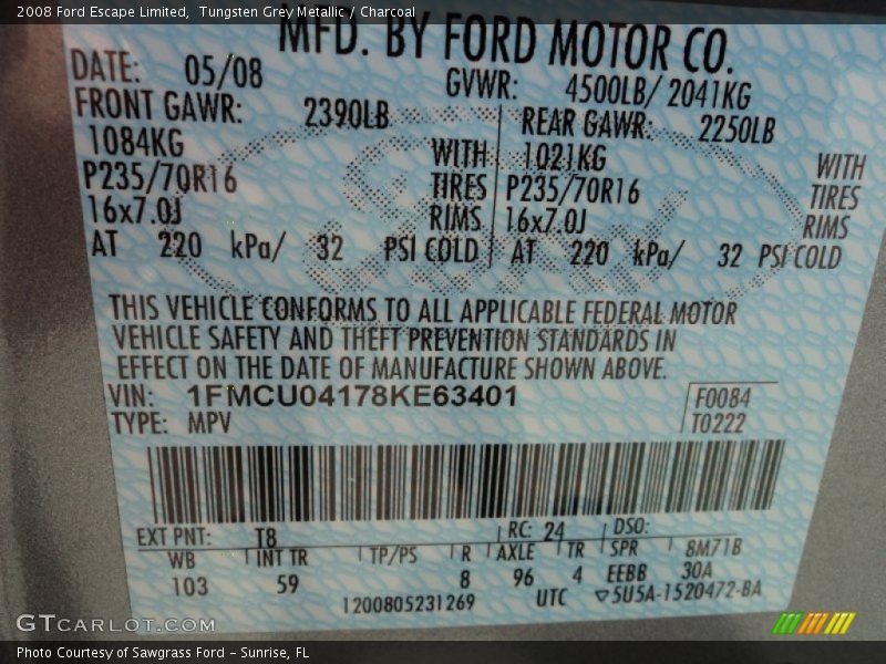 Tungsten Grey Metallic / Charcoal 2008 Ford Escape Limited