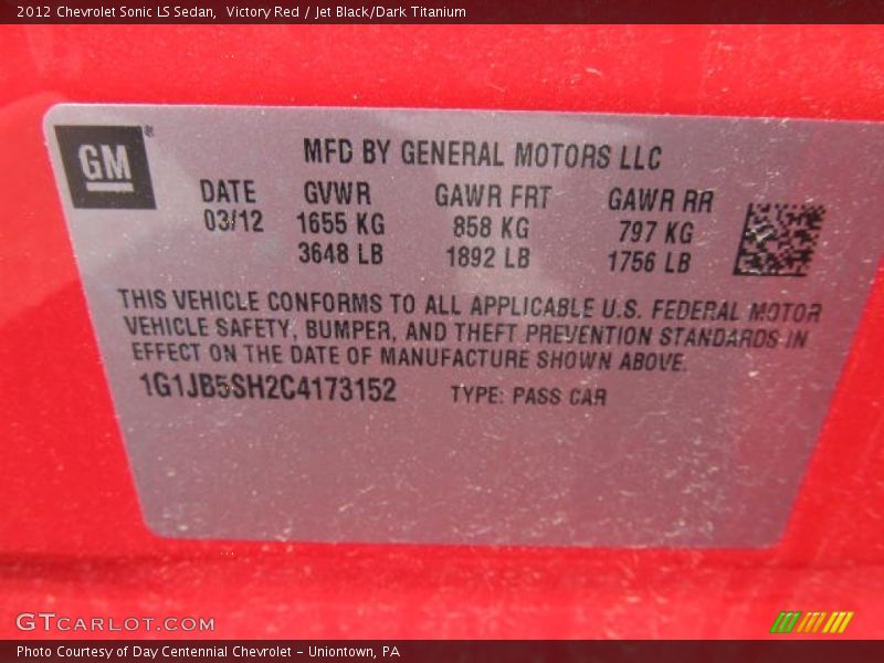 Victory Red / Jet Black/Dark Titanium 2012 Chevrolet Sonic LS Sedan