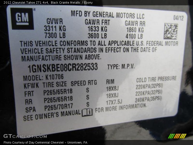 Black Granite Metallic / Ebony 2012 Chevrolet Tahoe Z71 4x4