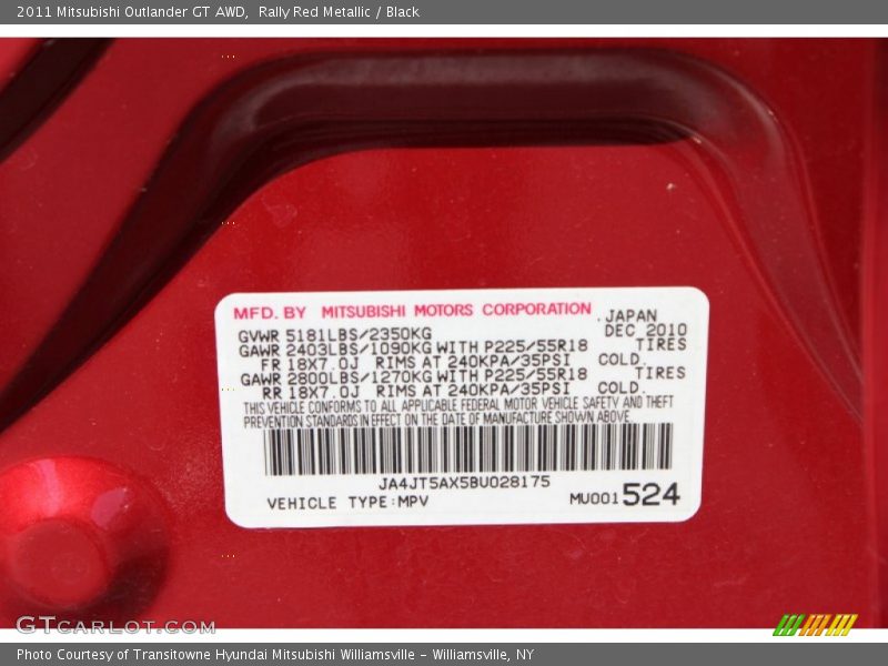 Rally Red Metallic / Black 2011 Mitsubishi Outlander GT AWD