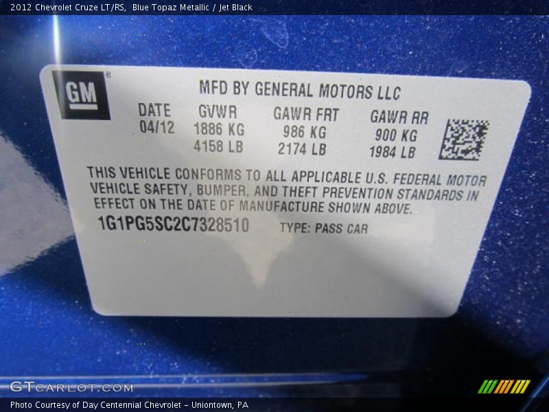 Blue Topaz Metallic / Jet Black 2012 Chevrolet Cruze LT/RS