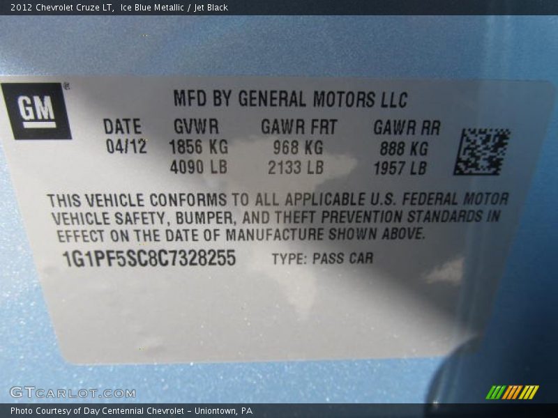 Ice Blue Metallic / Jet Black 2012 Chevrolet Cruze LT