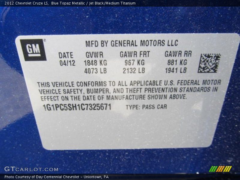 Blue Topaz Metallic / Jet Black/Medium Titanium 2012 Chevrolet Cruze LS