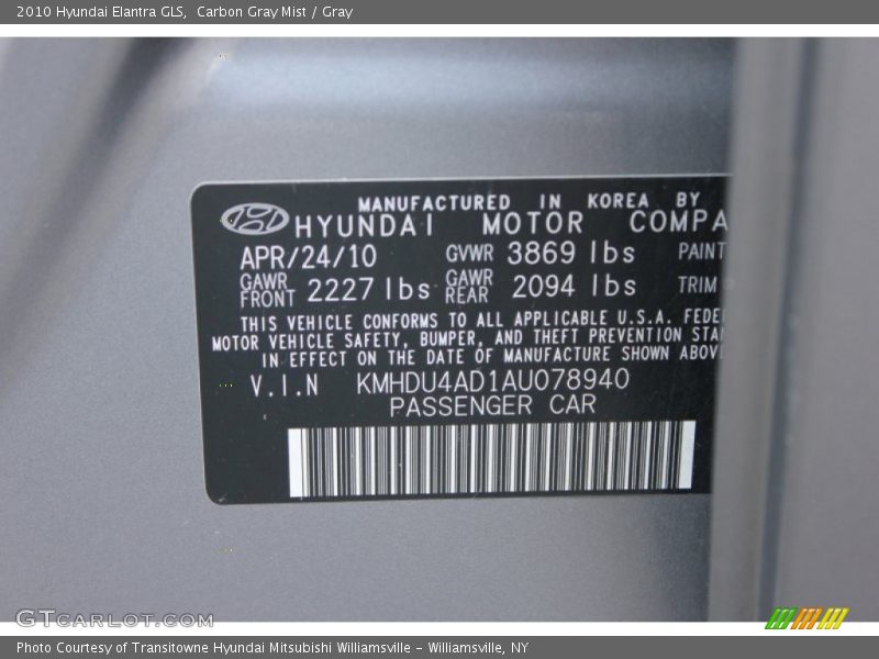 Carbon Gray Mist / Gray 2010 Hyundai Elantra GLS