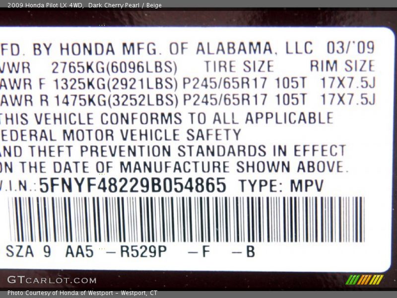 Dark Cherry Pearl / Beige 2009 Honda Pilot LX 4WD