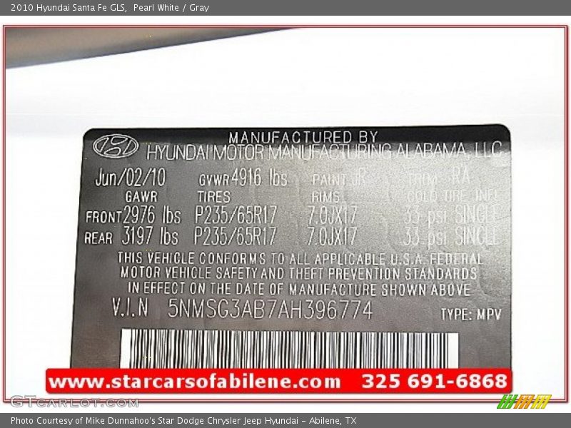 Pearl White / Gray 2010 Hyundai Santa Fe GLS