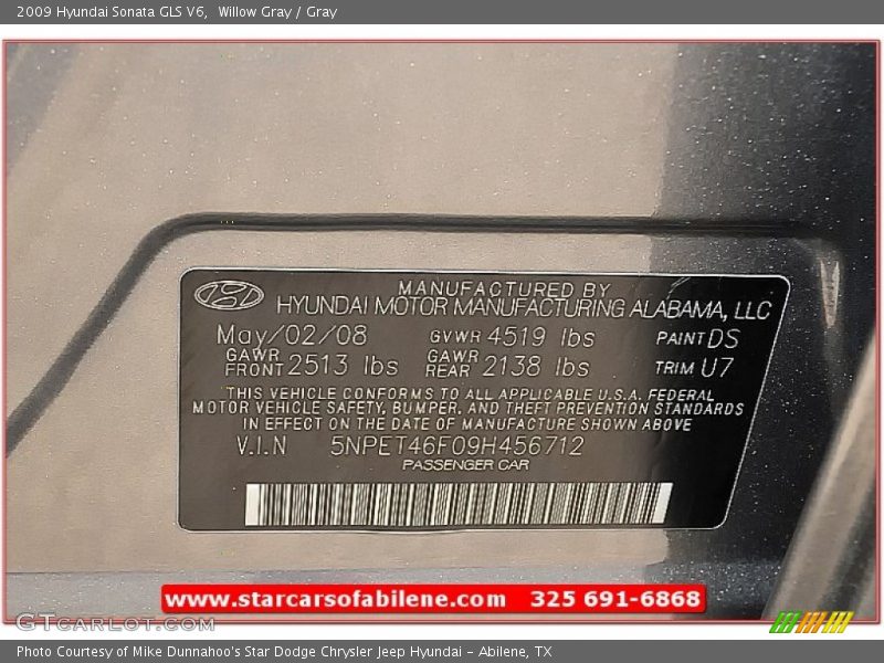 Willow Gray / Gray 2009 Hyundai Sonata GLS V6