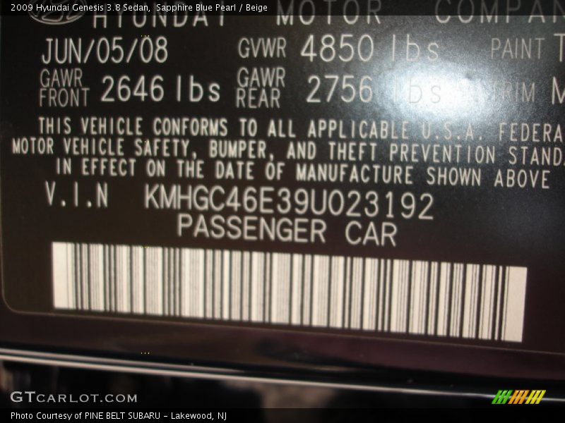 Sapphire Blue Pearl / Beige 2009 Hyundai Genesis 3.8 Sedan