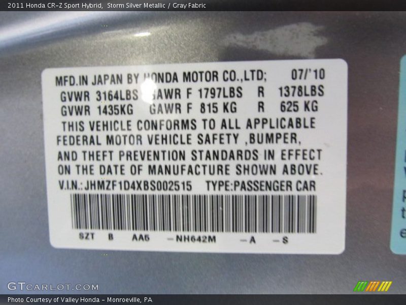 Storm Silver Metallic / Gray Fabric 2011 Honda CR-Z Sport Hybrid