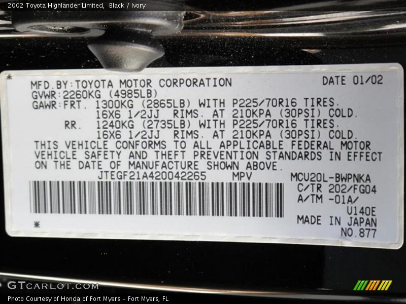 Black / Ivory 2002 Toyota Highlander Limited