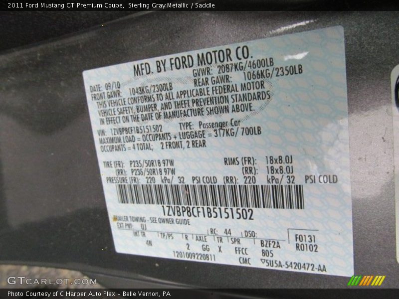 2011 Mustang GT Premium Coupe Sterling Gray Metallic Color Code UJ