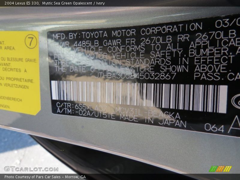 2004 ES 330 Mystic Sea Green Opalescent Color Code 6S5
