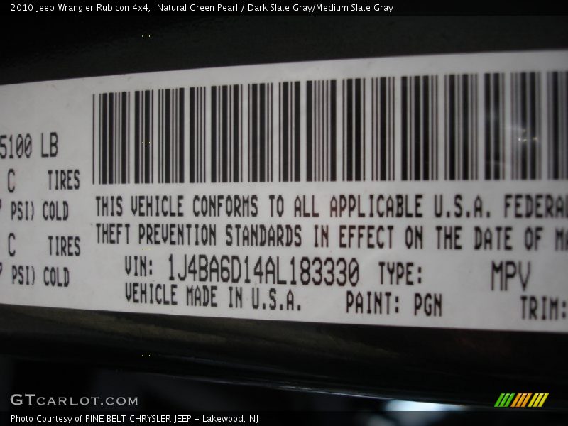 Natural Green Pearl / Dark Slate Gray/Medium Slate Gray 2010 Jeep Wrangler Rubicon 4x4