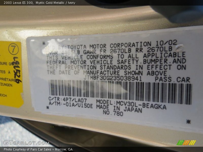 2003 ES 300 Mystic Gold Metallic Color Code 4P7