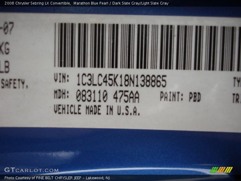 Marathon Blue Pearl / Dark Slate Gray/Light Slate Gray 2008 Chrysler Sebring LX Convertible