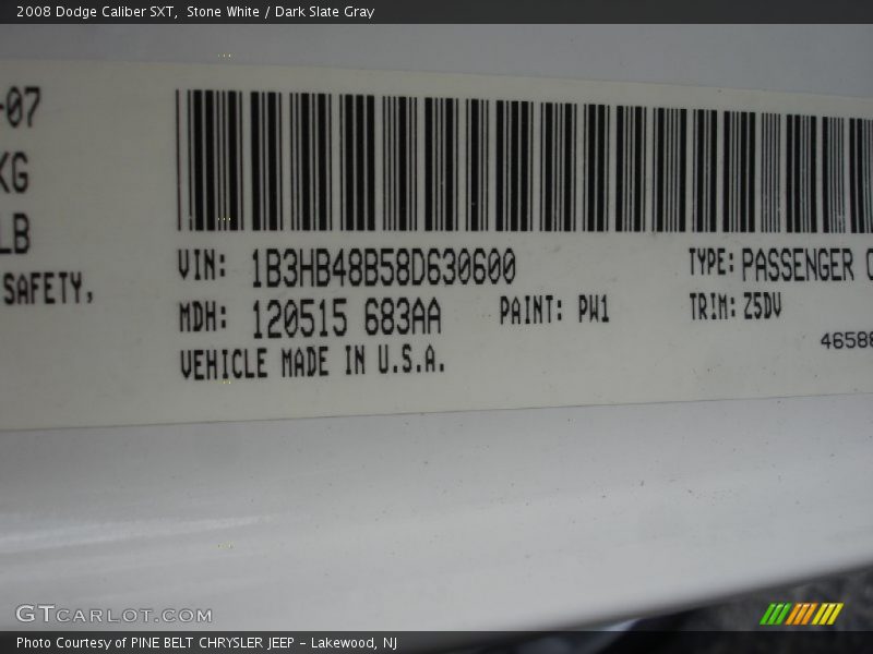 Stone White / Dark Slate Gray 2008 Dodge Caliber SXT