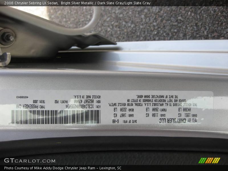 Bright Silver Metallic / Dark Slate Gray/Light Slate Gray 2008 Chrysler Sebring LX Sedan