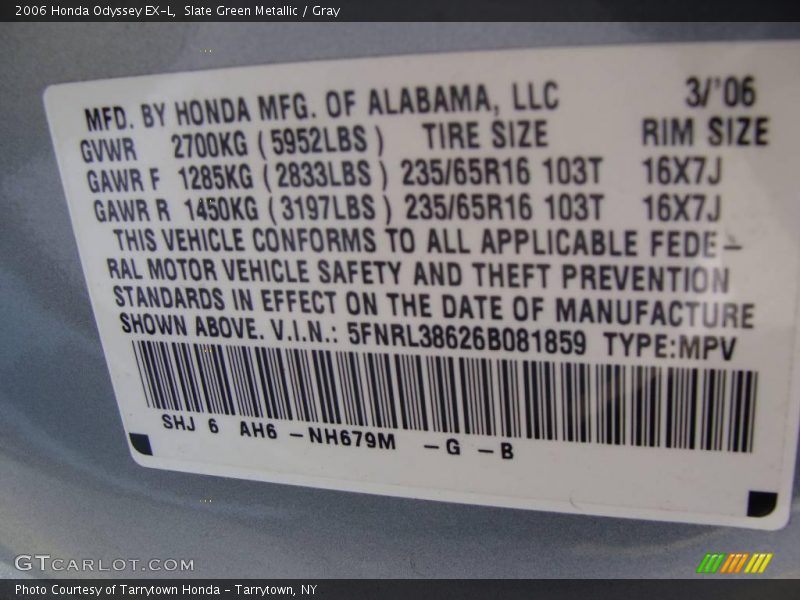 Slate Green Metallic / Gray 2006 Honda Odyssey EX-L