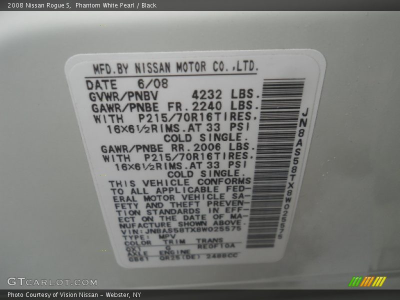 Phantom White Pearl / Black 2008 Nissan Rogue S
