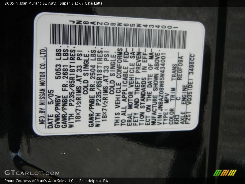 Super Black / Cafe Latte 2005 Nissan Murano SE AWD