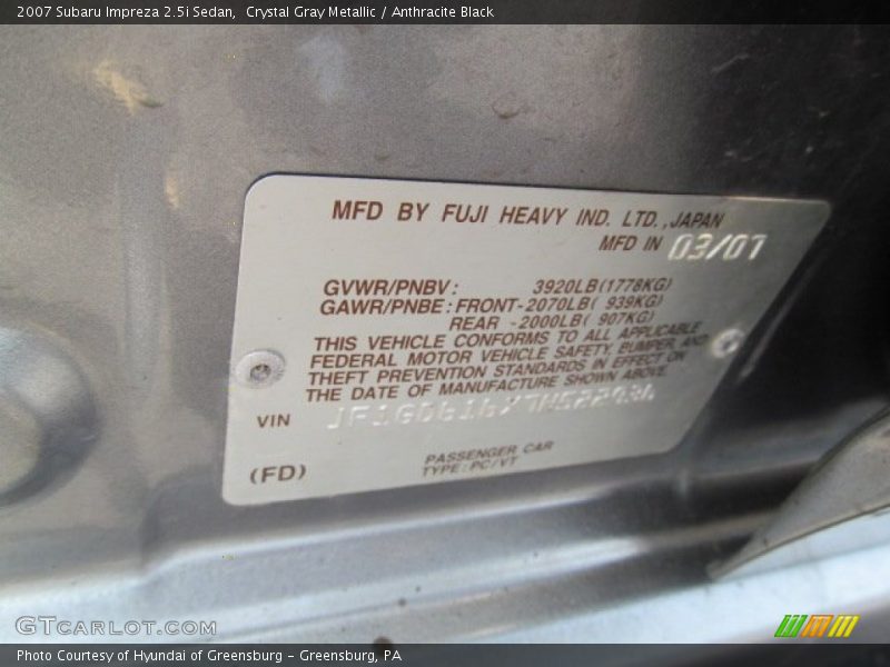 Crystal Gray Metallic / Anthracite Black 2007 Subaru Impreza 2.5i Sedan