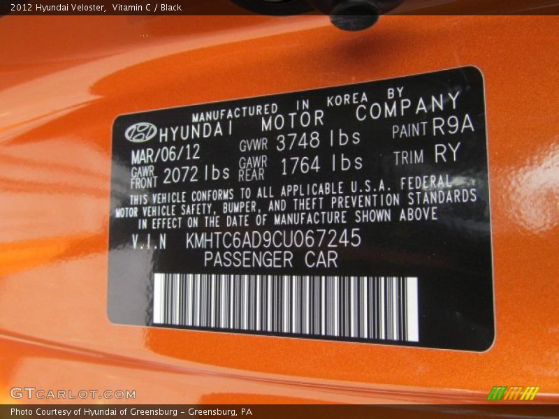 2012 Veloster  Vitamin C Color Code R9A