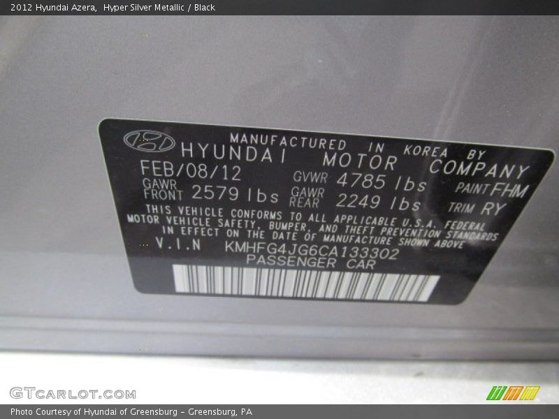 Hyper Silver Metallic / Black 2012 Hyundai Azera