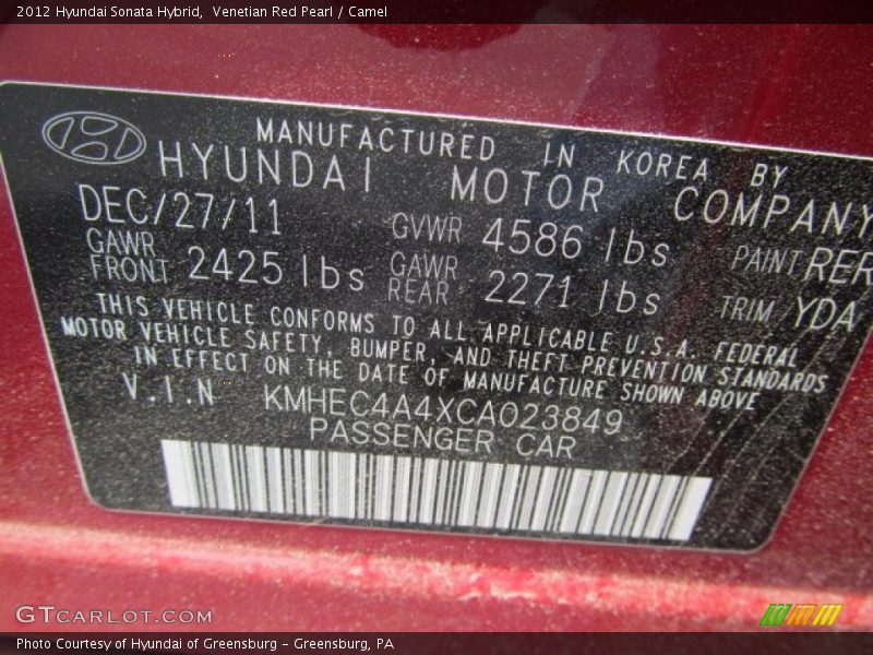 2012 Sonata Hybrid Venetian Red Pearl Color Code RER