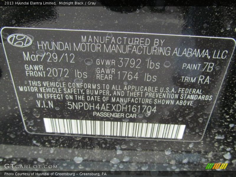 2013 Elantra Limited Midnight Black Color Code 7B