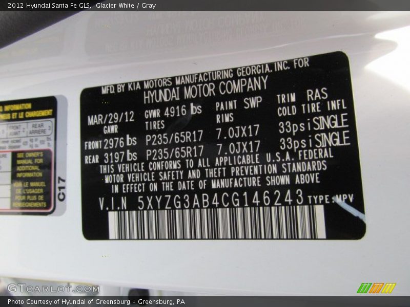 2012 Santa Fe GLS Glacier White Color Code SWP