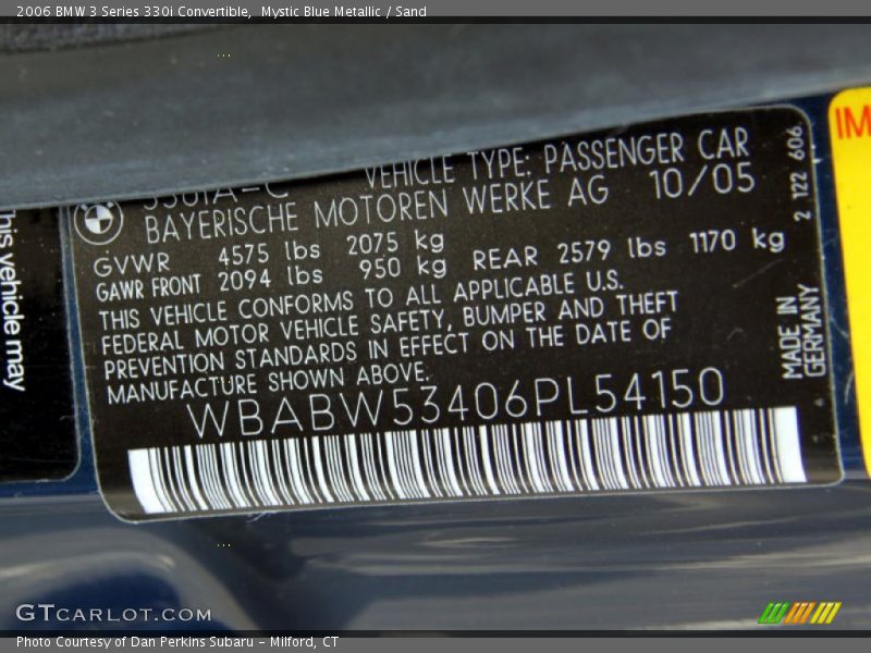 Mystic Blue Metallic / Sand 2006 BMW 3 Series 330i Convertible