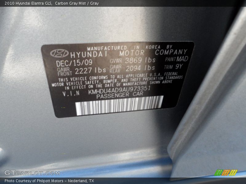 Carbon Gray Mist / Gray 2010 Hyundai Elantra GLS