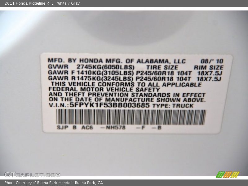 White / Gray 2011 Honda Ridgeline RTL