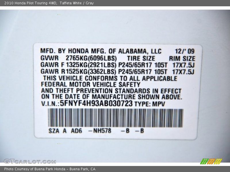 Taffeta White / Gray 2010 Honda Pilot Touring 4WD