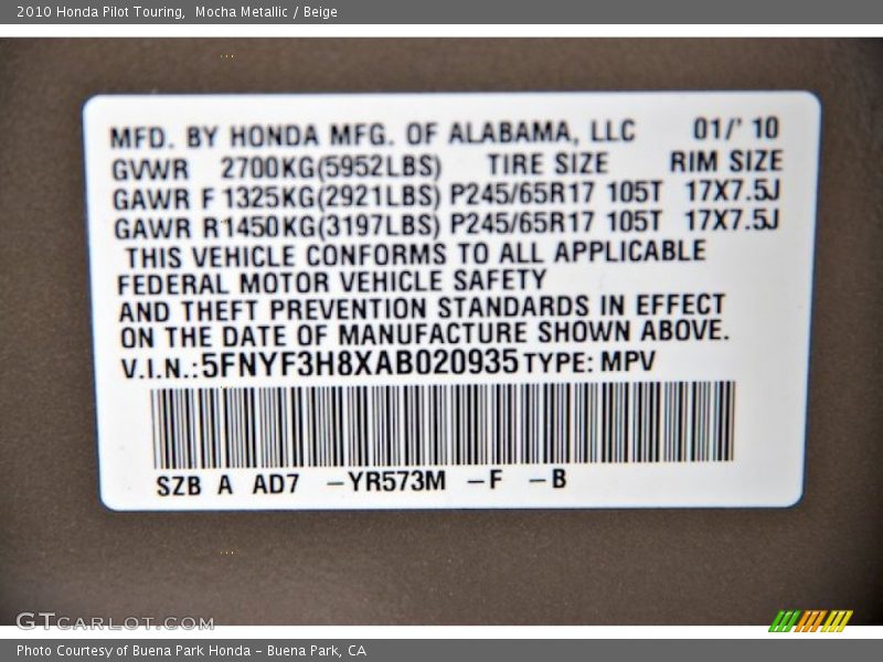 Mocha Metallic / Beige 2010 Honda Pilot Touring