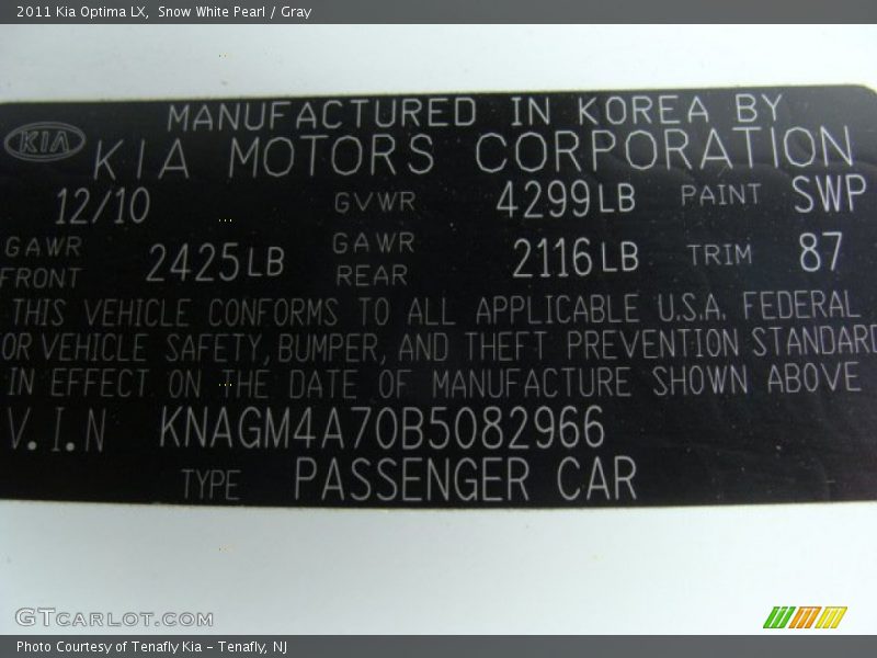 Snow White Pearl / Gray 2011 Kia Optima LX