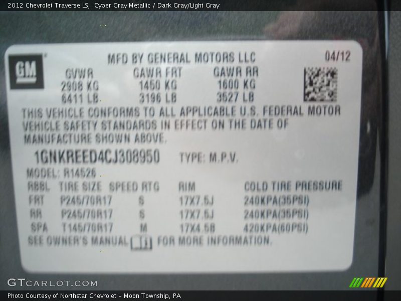 Cyber Gray Metallic / Dark Gray/Light Gray 2012 Chevrolet Traverse LS