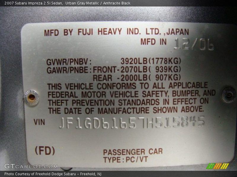 Urban Gray Metallic / Anthracite Black 2007 Subaru Impreza 2.5i Sedan