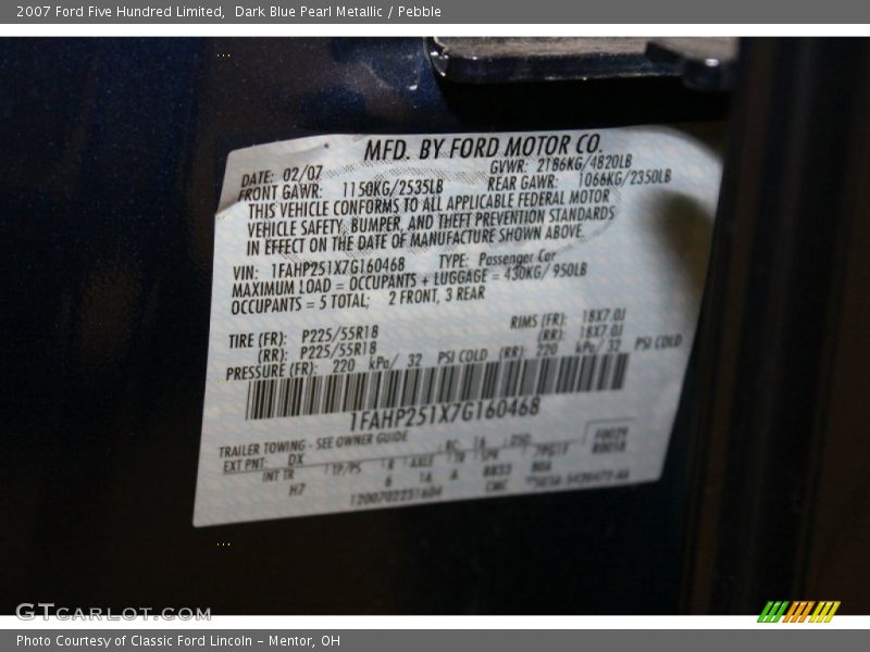 2007 Five Hundred Limited Dark Blue Pearl Metallic Color Code DX