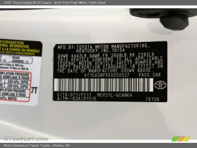 Arctic Frost Pearl White / Dark Stone 2005 Toyota Solara SE V6 Coupe